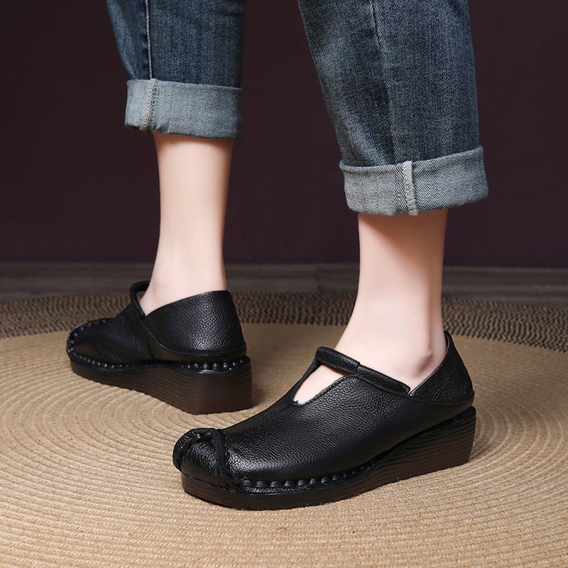 Autum First-Layer Cowhide Handmade Retro Genuine Leather Casual Wedge Heel Slip-On Shoes For Mothers - Image 3